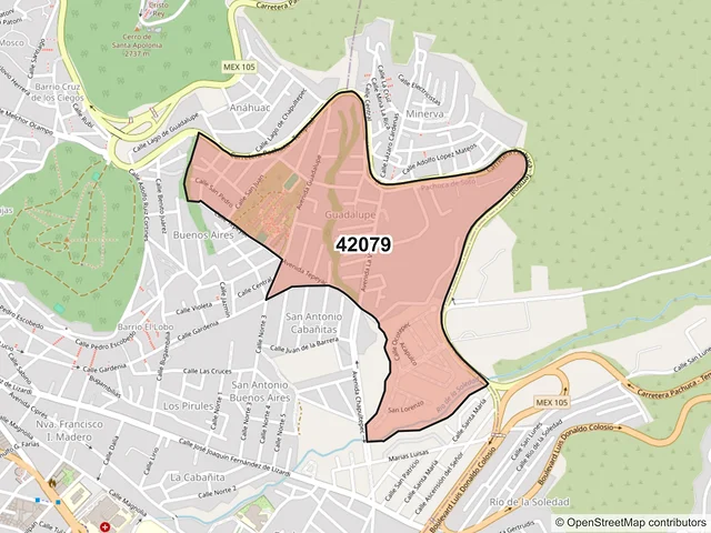 Mapa del código postal 42079, Pachuca de Soto, Hidalgo
