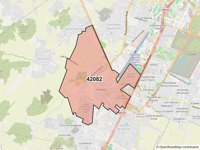Mapa del código postal 42082, Pachuca de Soto, Hidalgo