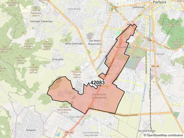 Mapa del código postal 42083, Pachuca de Soto, Hidalgo