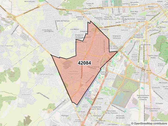 Mapa del código postal 42084, Pachuca de Soto, Hidalgo