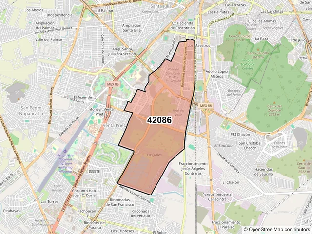 Mapa del código postal 42086, Pachuca de Soto, Hidalgo