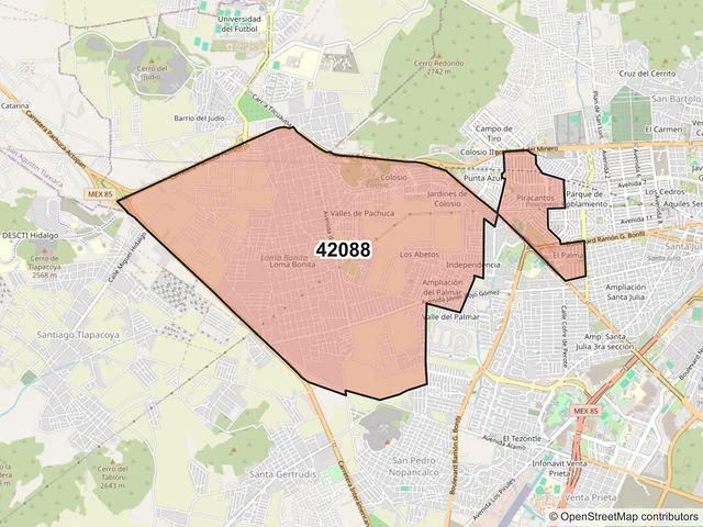 Mapa del código postal 42088, Pachuca de Soto, Hidalgo
