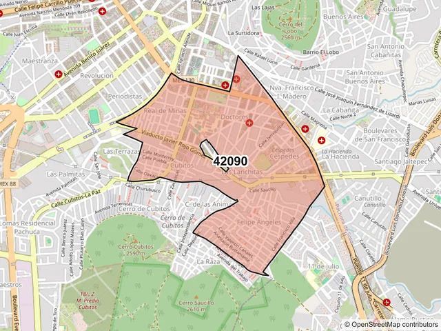 Mapa del código postal 42090, Pachuca de Soto, Hidalgo