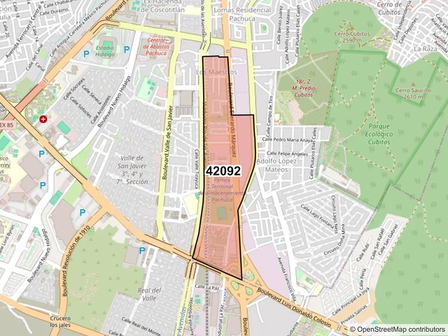 Mapa del código postal 42092, Pachuca de Soto, Hidalgo