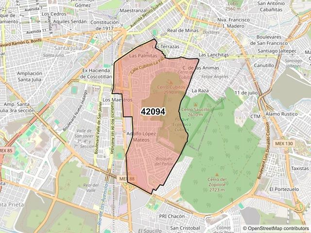 Mapa del código postal 42094, Pachuca de Soto, Hidalgo