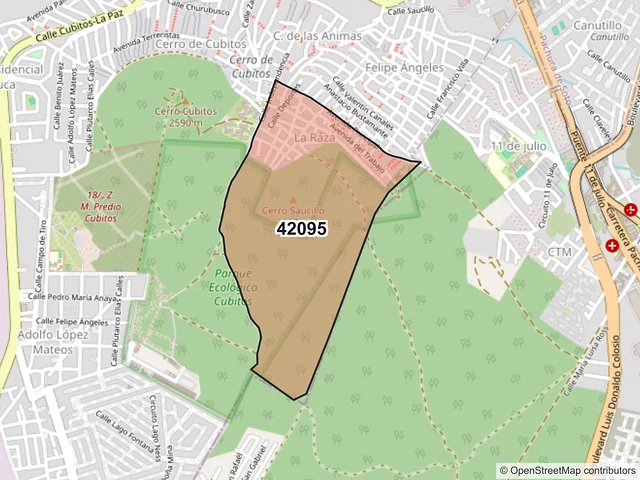 Mapa del código postal 42095, Pachuca de Soto, Hidalgo