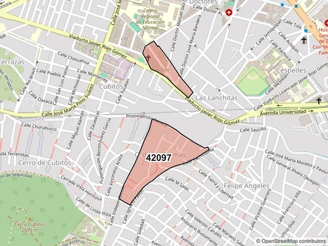Mapa del código postal 42097, Pachuca de Soto, Hidalgo