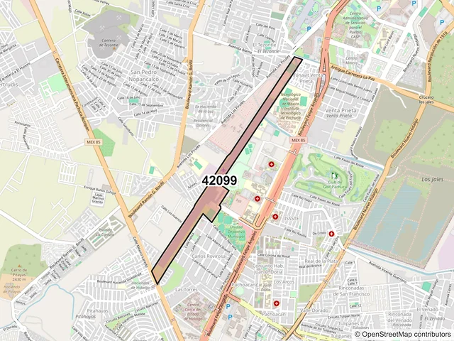 Mapa del código postal 42099, Pachuca de Soto, Hidalgo