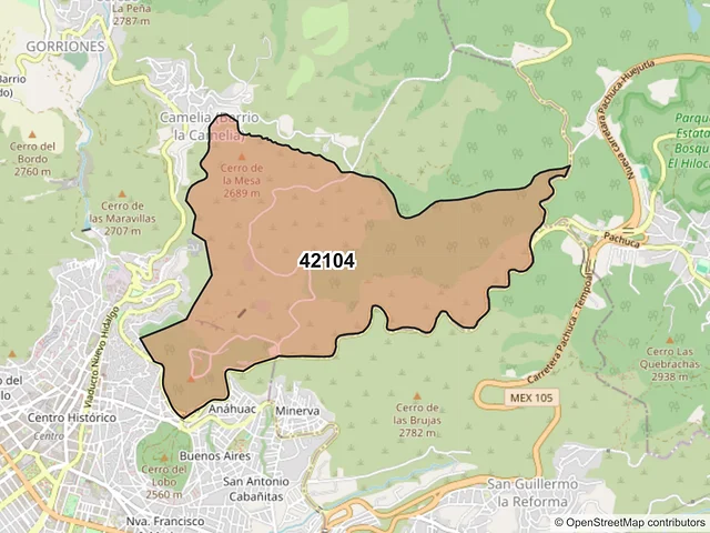 Mapa del código postal 42104, Pachuca de Soto, Hidalgo