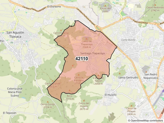 Mapa del código postal 42110, Pachuca de Soto, Hidalgo
