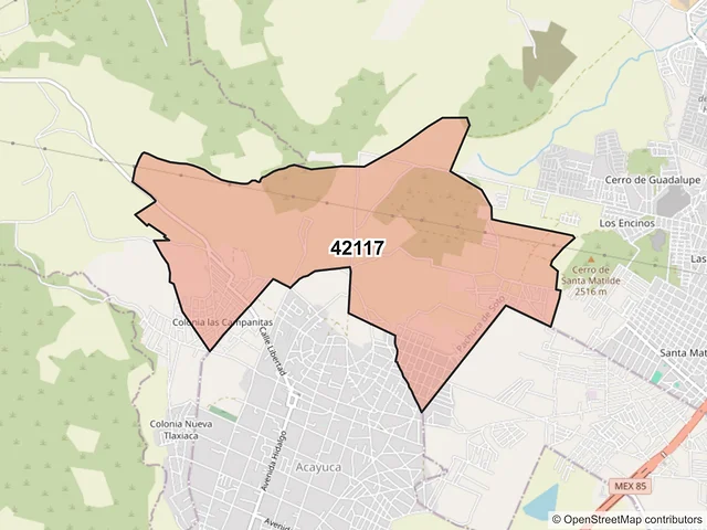 Mapa del código postal 42117, Pachuca de Soto, Hidalgo