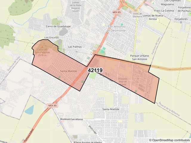 Mapa del código postal 42119, Pachuca de Soto, Hidalgo