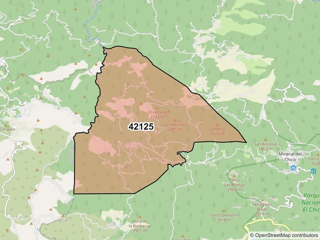 Mapa del código postal 42125, Mineral del Chico, Hidalgo