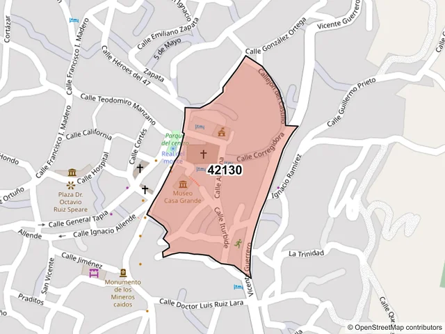 Mapa del código postal 42130, Mineral del Monte, Hidalgo