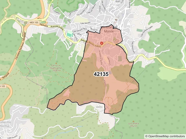 Mapa del código postal 42135, Mineral del Monte, Hidalgo
