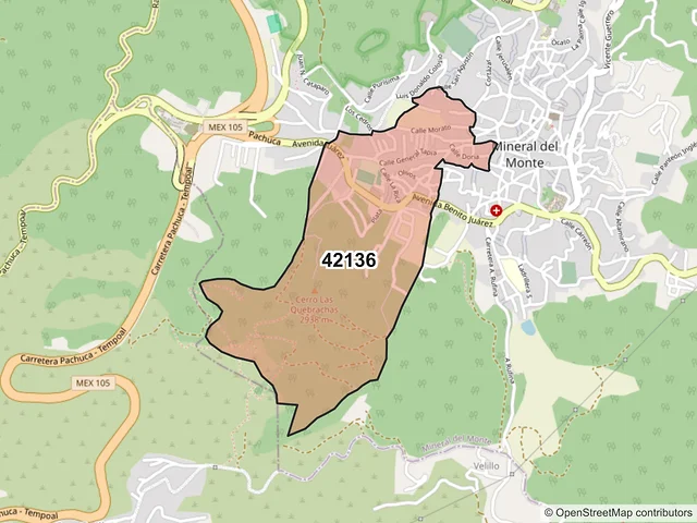 Mapa del código postal 42136, Mineral del Monte, Hidalgo