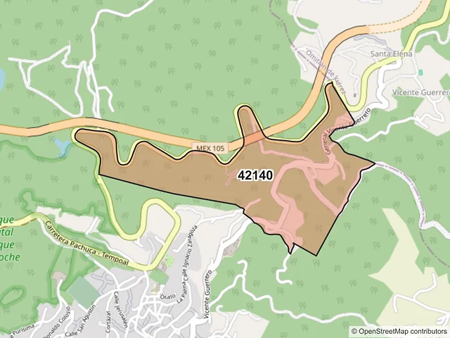 Mapa del código postal 42140, Mineral del Monte, Hidalgo