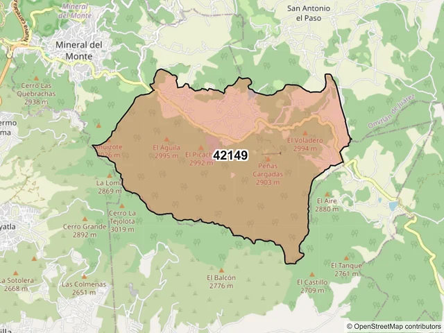 Mapa del código postal 42149, Mineral del Monte, Hidalgo