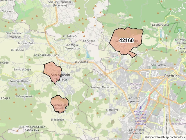 Mapa del código postal 42160, San Agustín Tlaxiaca, Hidalgo