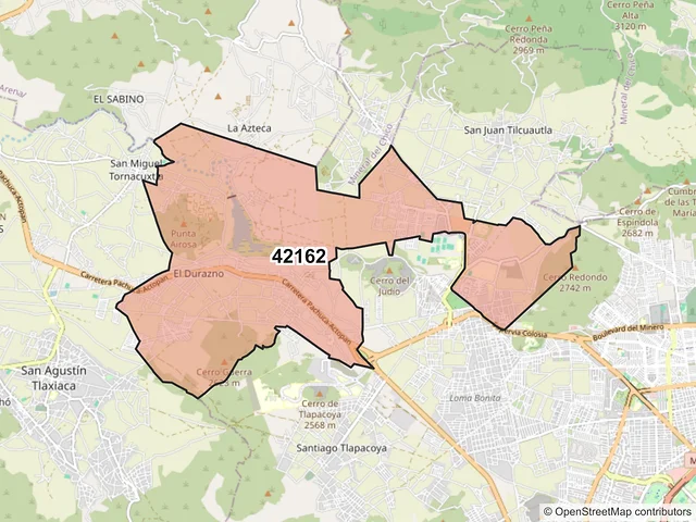 Mapa del código postal 42162, San Agustín Tlaxiaca, Hidalgo