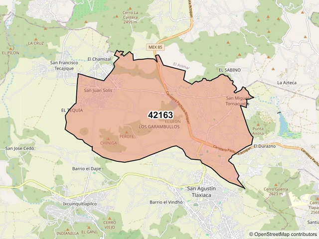 Mapa del código postal 42163, San Agustín Tlaxiaca, Hidalgo