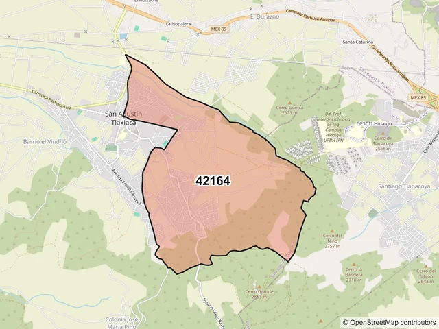 Mapa del código postal 42164, San Agustín Tlaxiaca, Hidalgo