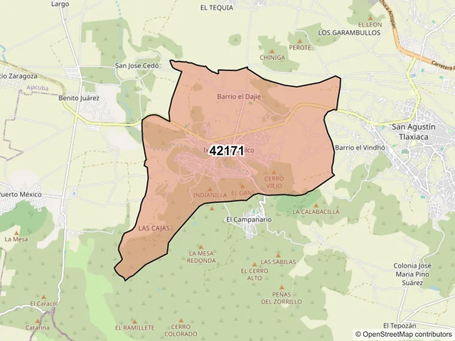 Mapa del código postal 42171, San Agustín Tlaxiaca, Hidalgo
