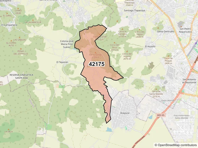 Mapa del código postal 42175, San Agustín Tlaxiaca, Hidalgo