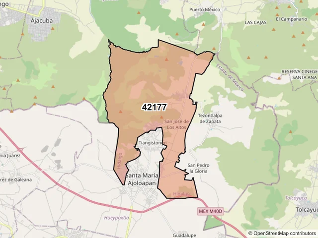 Mapa del código postal 42177, San Agustín Tlaxiaca, Hidalgo