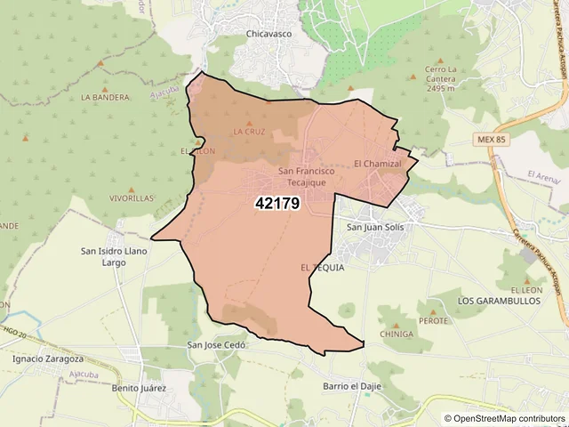Mapa del código postal 42179, San Agustín Tlaxiaca, Hidalgo