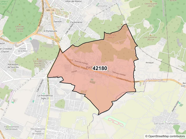 Mapa del código postal 42180, Mineral de la Reforma, Hidalgo