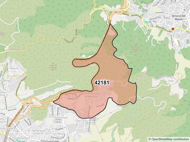 Mapa del código postal 42181, Mineral de la Reforma, Hidalgo