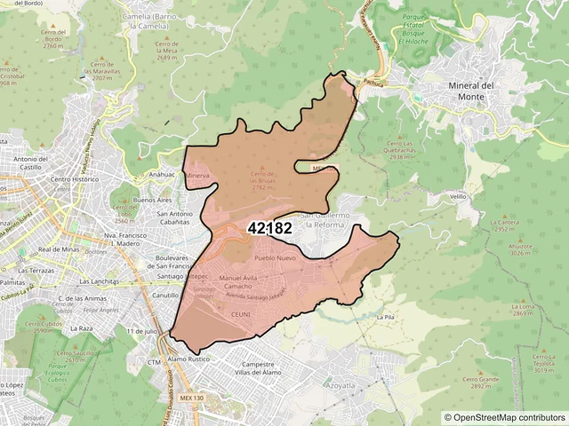 Mapa del código postal 42182, Mineral de la Reforma, Hidalgo