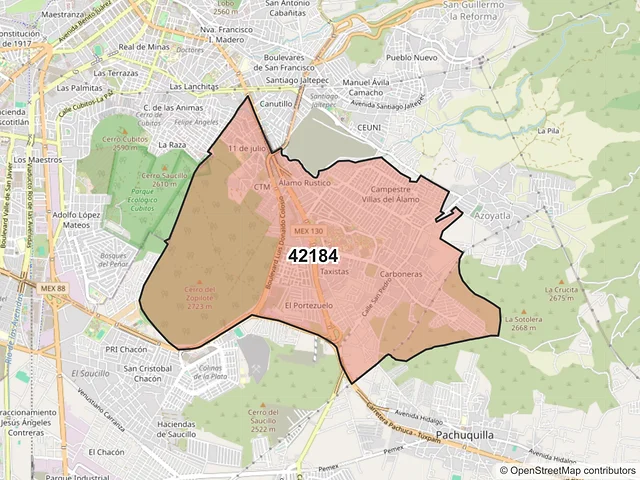 Mapa del código postal 42184, Mineral de la Reforma, Hidalgo