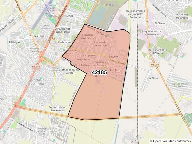 Mapa del código postal 42185, Mineral de la Reforma, Hidalgo