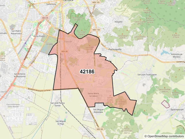 Mapa del código postal 42186, Mineral de la Reforma, Hidalgo
