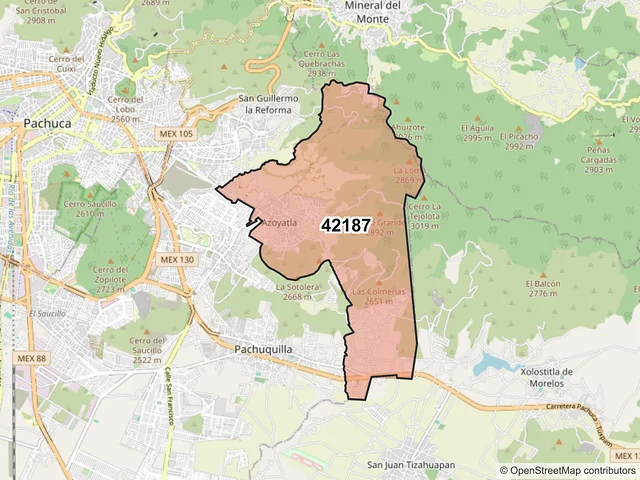 Mapa del código postal 42187, Mineral de la Reforma, Hidalgo
