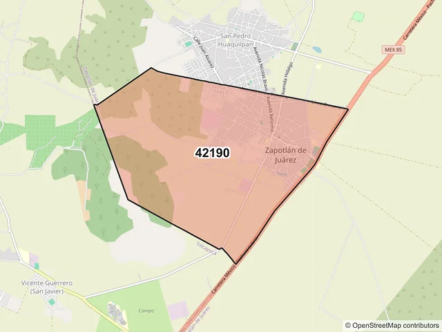 Mapa del código postal 42190, Zapotlán de Juárez, Hidalgo