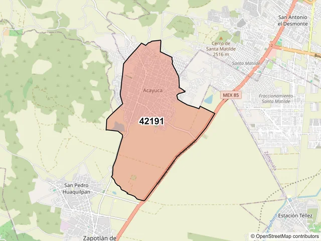 Mapa del código postal 42191, Zapotlán de Juárez, Hidalgo