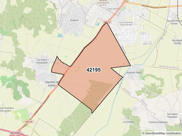 Mapa del código postal 42195, Zapotlán de Juárez, Hidalgo