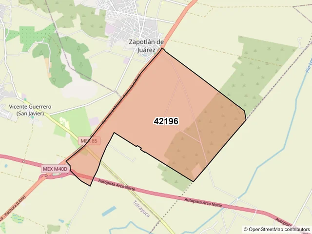 Mapa del código postal 42196, Zapotlán de Juárez, Hidalgo