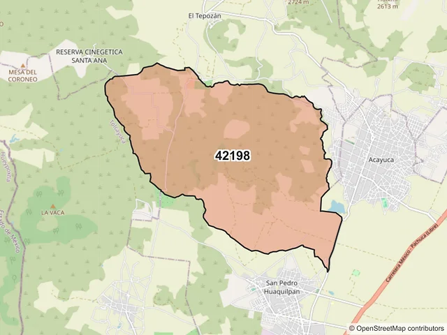 Mapa del código postal 42198, Zapotlán de Juárez, Hidalgo
