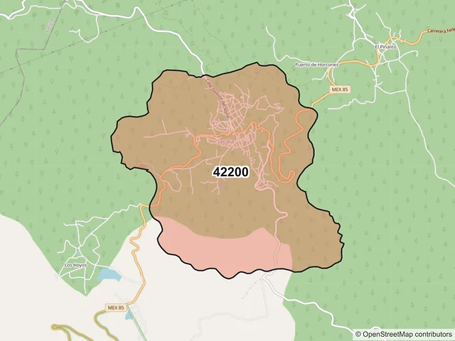 Mapa del código postal 42200, Jacala de Ledezma, Hidalgo