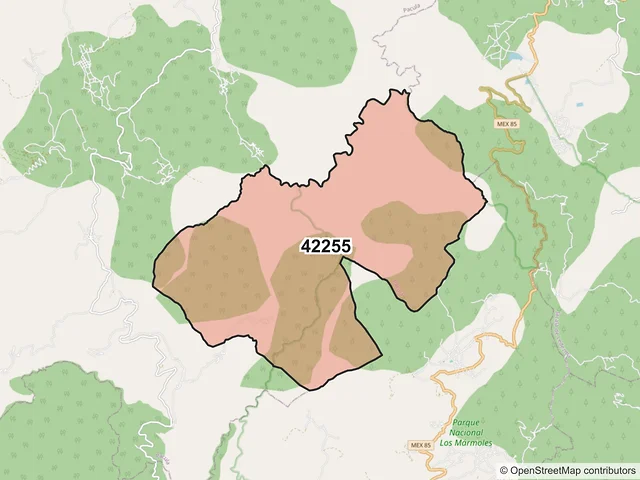 Mapa del código postal 42255, Pacula, Hidalgo