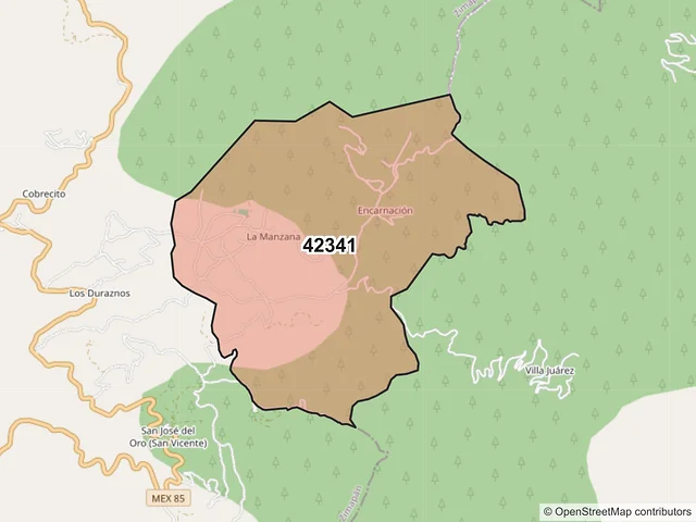 Mapa del código postal 42341, Zimapán, Hidalgo