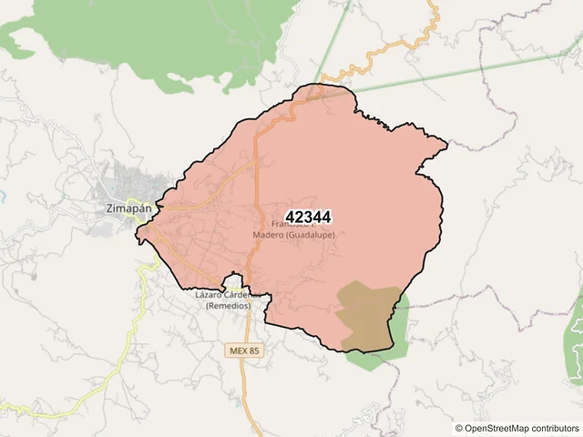 Mapa del código postal 42344, Zimapán, Hidalgo