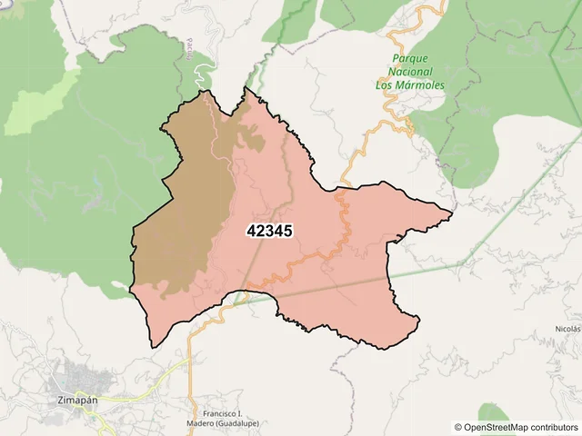 Mapa del código postal 42345, Zimapán, Hidalgo