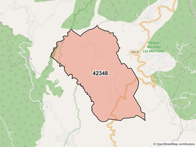 Mapa del código postal 42348, Zimapán, Hidalgo