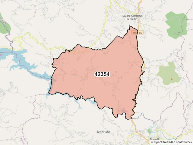 Mapa del código postal 42354, Zimapán, Hidalgo