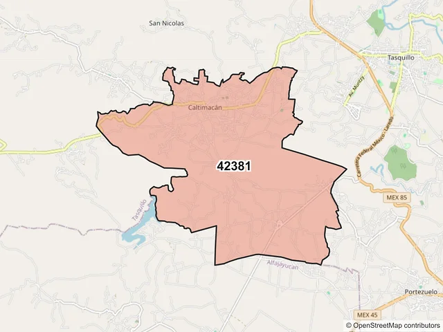 Mapa del código postal 42381, Tasquillo, Hidalgo